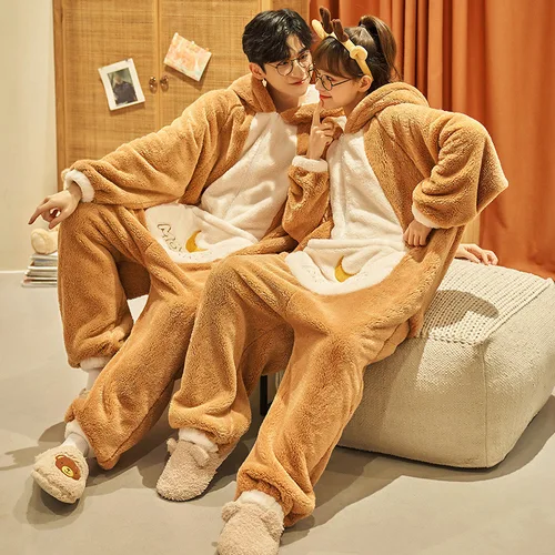 겨울용 커플 잠옷, 점프 슈트, 여성 및 남성용, 코랄 플리스 잠옷, 한국 스타일, 만화 토끼 잠옷, 따뜻하고 두꺼운 잠옷, 연인 피지마 3