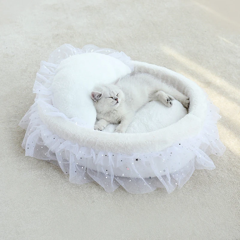 

Round Cat Bed House Soft Lace Princess Cat Mat Bedding Kennels Nest Cushion Pet Sofa Cushion Portable Pets Sleeping Supplies