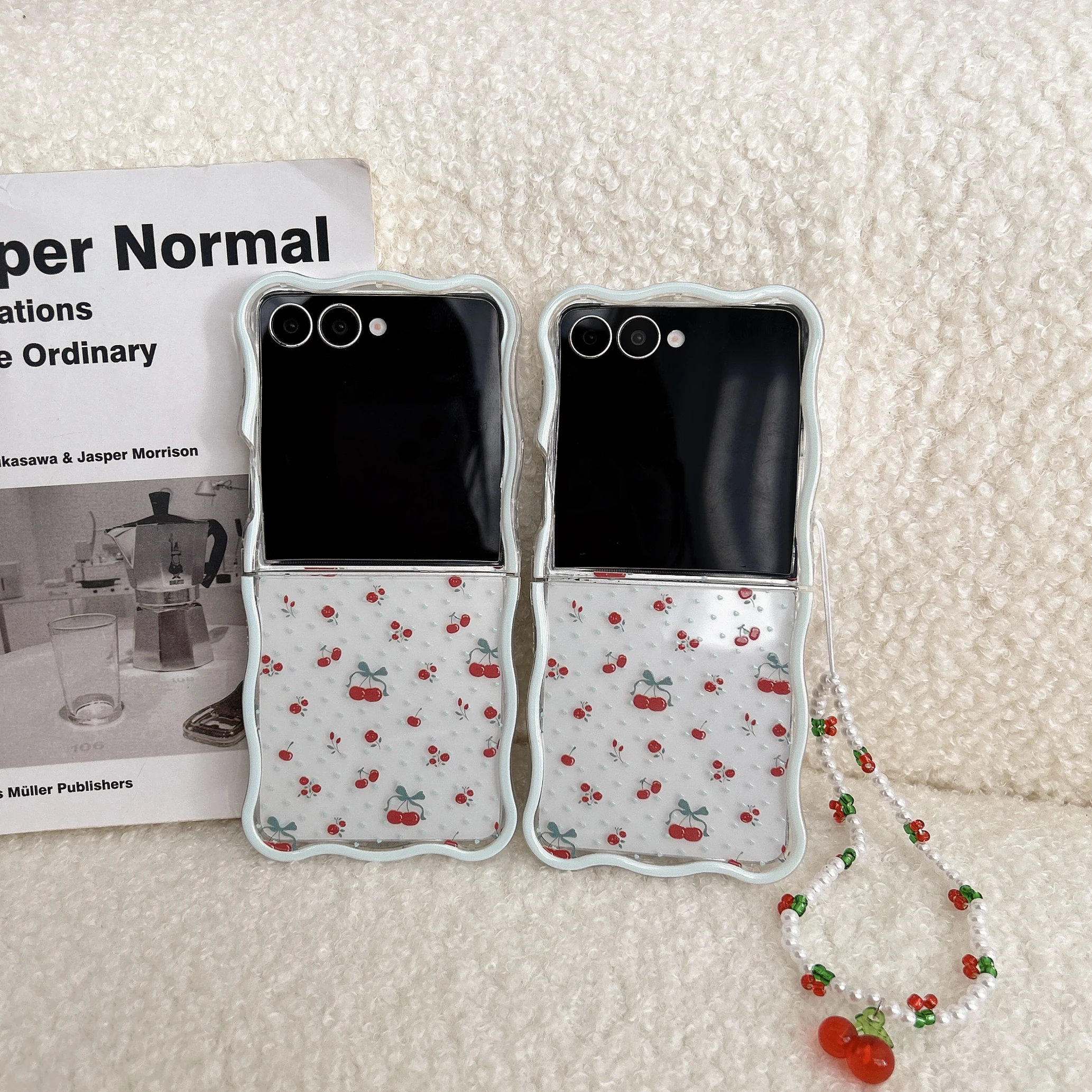 Korean Cherry Fruit Phone Case with Lanyard and Wave Design