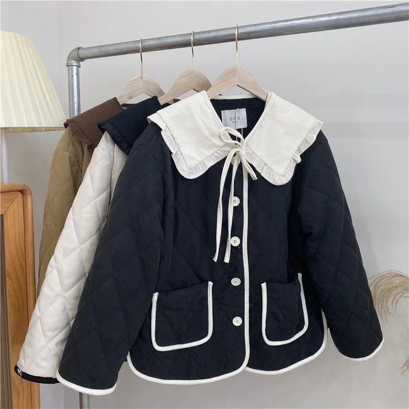 

Winter Warm Thick Women Parkas Fashion Drawstring Cotton Padded Coat Lapel Tie Up Jacket Outer Elegant Zipper Clothes 2022