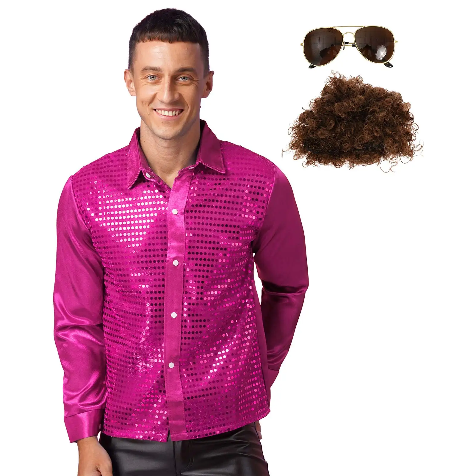 Mens Disco Party Outfit Sparkly Sequin Shirts Long Sleeve Turn-Down Collar Button Up Shirt with Short Curly Hair Wig Sunglasses