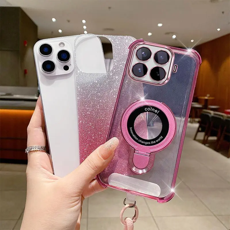 Gradient Glitter Phone Case with Hand Strap and Electroplated Finish