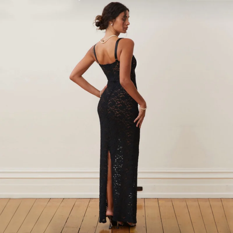 Lace Black Dress Female Slim Hollow Out Spaghetti Backless Dress Elegant Party Evening Gown Split Women Maxi Dress Summer