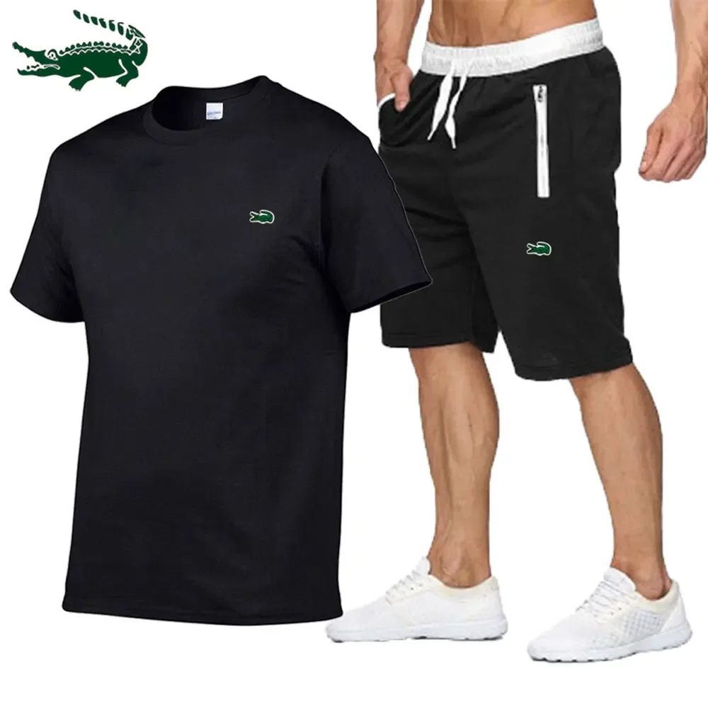 

New Summer Embroidery T Shirt For Men Sets Tracksuits Cotton Short Sleeve T-Shirts+Shorts Sweatpants Jogging Homme Men Clothing