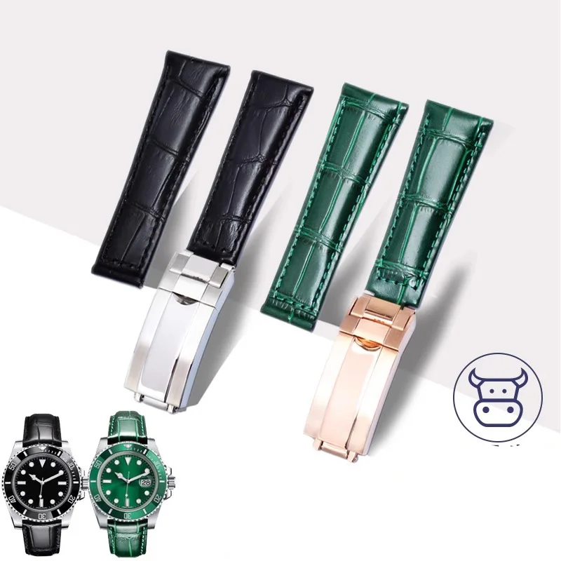 

Luxury 20mm Genuine Leather Watchband Watch Strapt For Rolex GMT Daytona Black Green Water Ghost Yacht Famous Bracelet