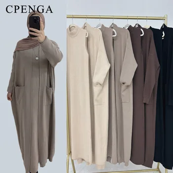 2024 Autumn Winter Dubai Thickened Muslim Modest Cardigan for Women Ramadan Saudi Arabia Church Clothing Islam Turkey Solid Robe 1