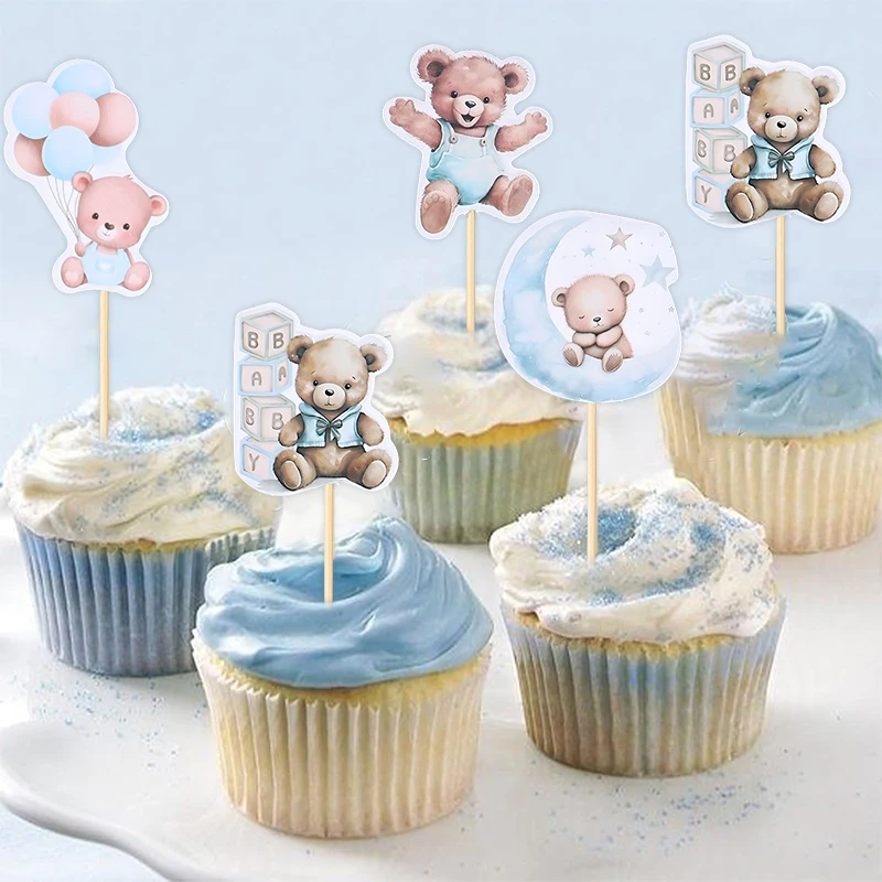 12 Stück Baby-Bär-Cupcake-Topper für Kinder, Jungen, Mädchen, 1. Geburtstag, Party-Dekoration, blau, rosa, Babyparty-Gefälligkeiten, Kuchen-Dessert-Picks – Detail 8