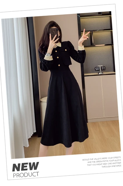 Fashion Black Corduroy Dress for Women Luxury Vintage Single  