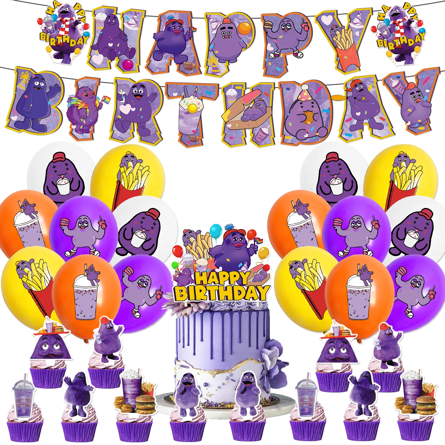 

Grimace Theme Birthday Decoration Party Supplies Balloon Banner Backdrop Cake Topper Baby Shower