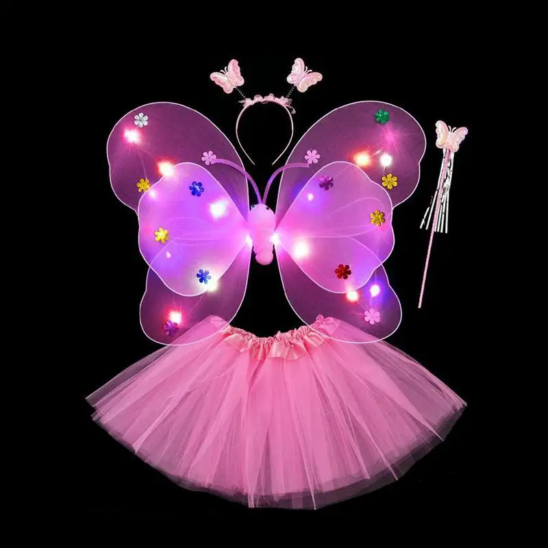 Fairy Wings for Girls 4PCS Butterfly Fairy Costume Glowing Wings Tutu Skirt Wand Headband Fancy Dress Set for Girls 3-8 Butterf