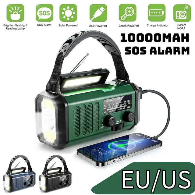 10000mAh Emergency Solar Power Radio USB Charging Hand Crank Dynamo Flashlight FM AM WB NOAA Weather Radio Power Bank