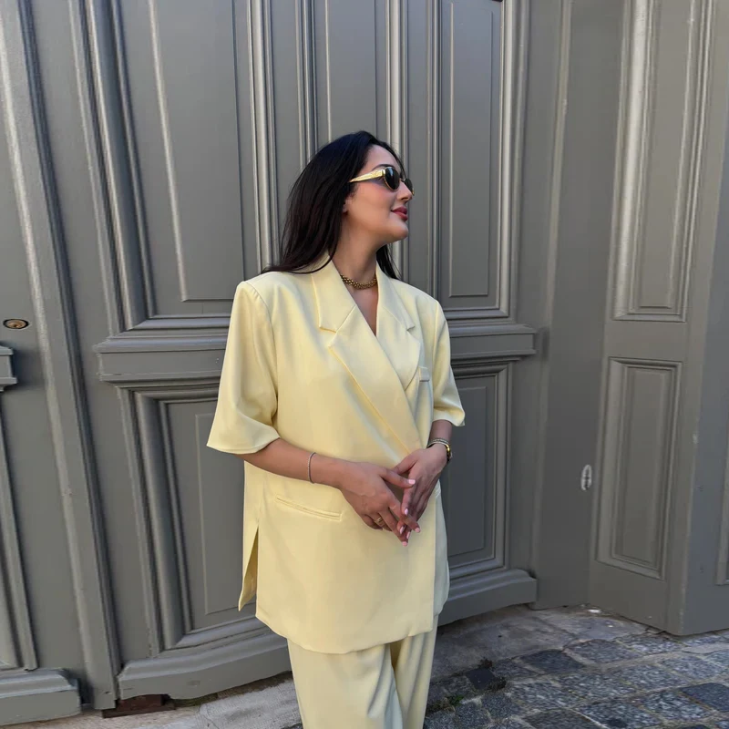 Casual One Button Slit Suit Women Loose Solid Lapel Short Sleeve Pockets Jackets  Summer Lady All-match Commute Outwear New