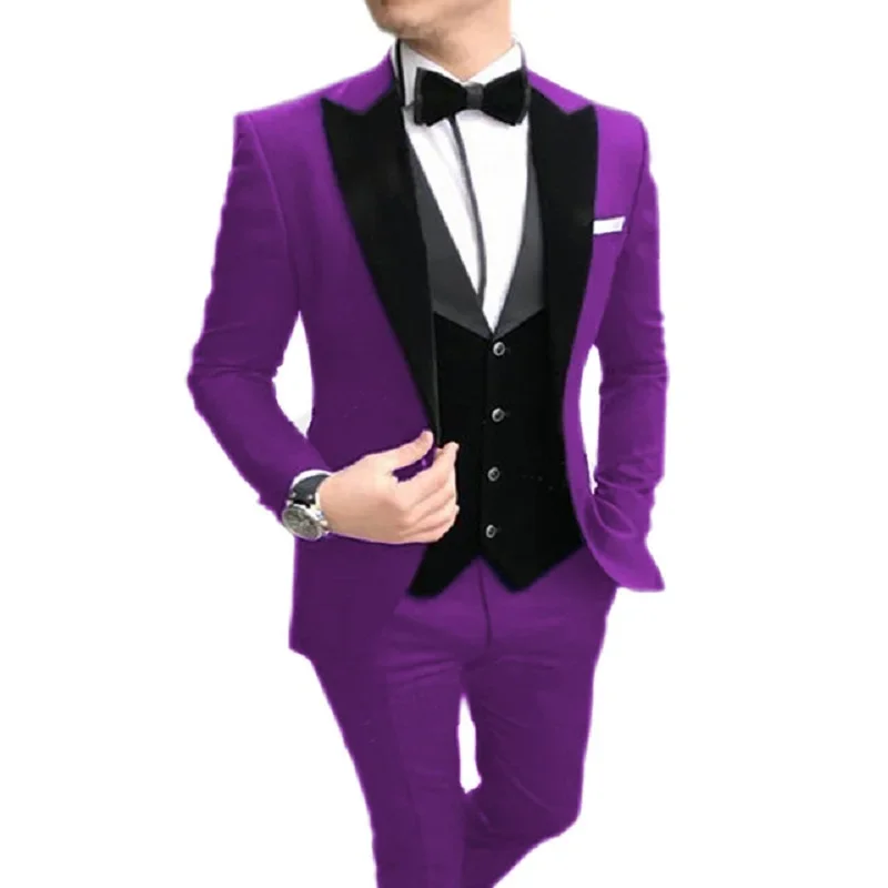 Men Suits 3 Pieces Casual Slim Fit Black Notch Lapel Vest Best Man Tuxedos For Wedding Party Suit(Blazer+vest+Pants)