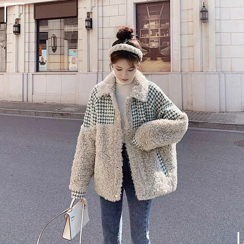 Women Autumn Winter Latest Lamb Coat  Female Loose Fashion Stitching Houndstooth Korean Thickened Faux Fur Cotton-Padded Jacket