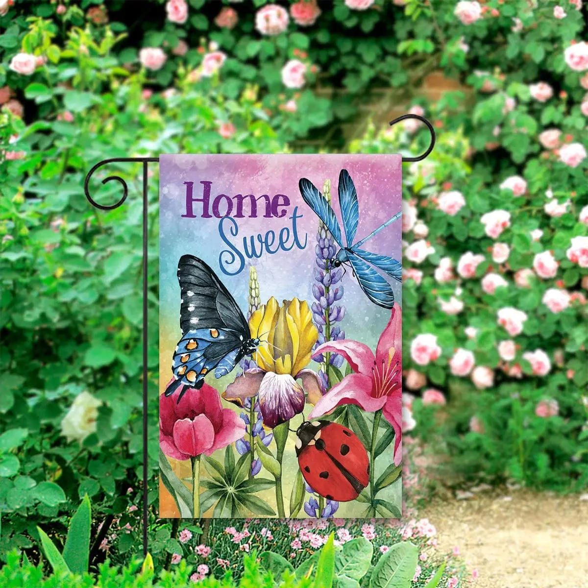 Home Sweet Spring Flowers Butterfly Dragonfly Garden Flag Banner for Outside House Yard Home Decorative