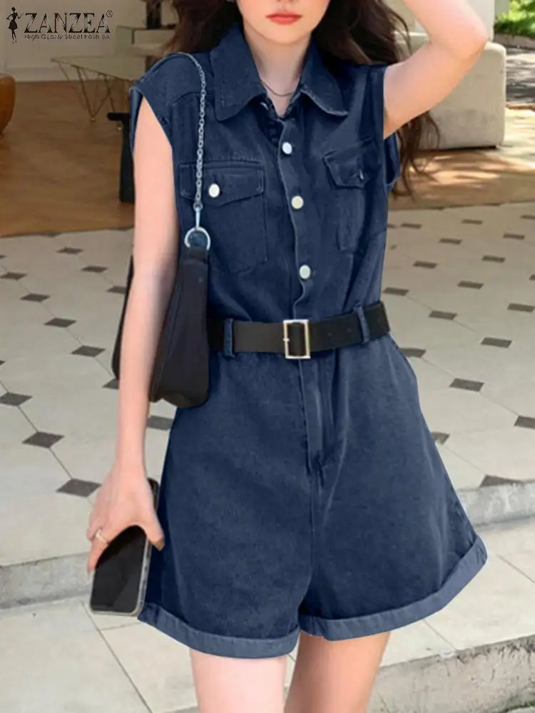 

ZANZEA Fashion Lapel Sleeveless Rompers Summer Vintage Blue Jeans Women Causal Denim Jumpsuits Eleagnt Work Playsuits Overalls