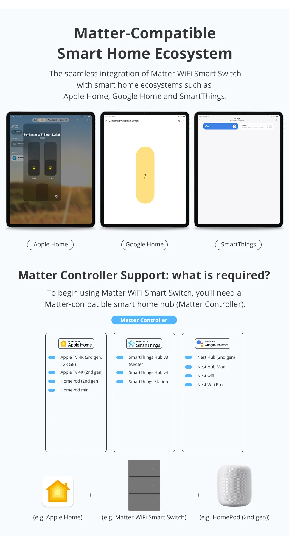 Matter WiFi Smart Wall Light Switch 1 2 3 4 Gangs with Aluminum Alloy Panel Work