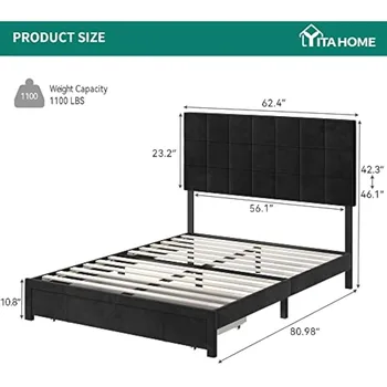 yitahome queen size bed frame with drawer, upholstered bed frame with storage, platform bed with velvet headboard, no box spring 2