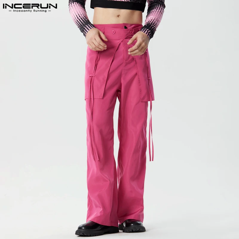 

Мужские Асимметричные Брюки 2024, однотонные джоггеры на пуговицах, уличная одежда, повседневные Прямые брюки, мужские свободные модные брюки