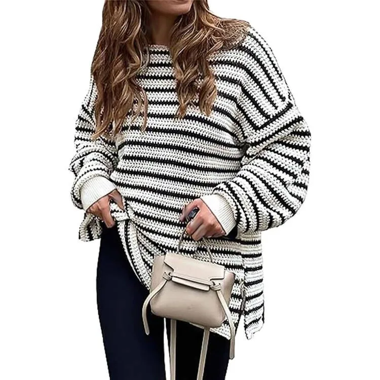 

2023 New Women's Striped Crewneck Sweater Autumn Winter Pullover Female Basic Oversize Jumper Lady Vintage Knitted Sweaters