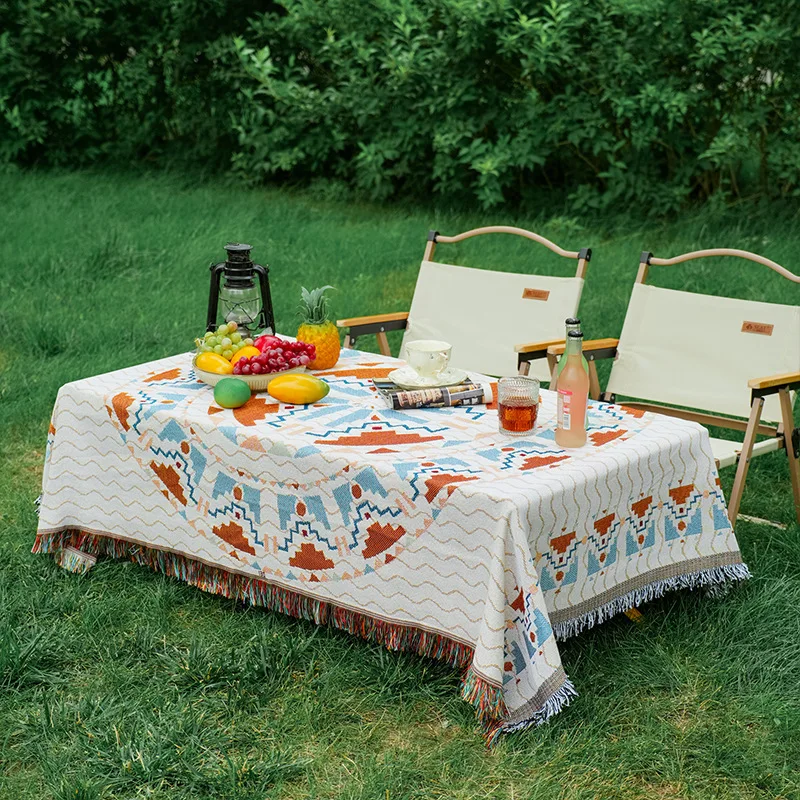 שמיכת שולחן מלבנית צבעונית בסגנון בוהמי מבד כותנה ופשתן, שמיכת שולחן גיאומטרית פשוטה לקישוט חוץ למחנאות