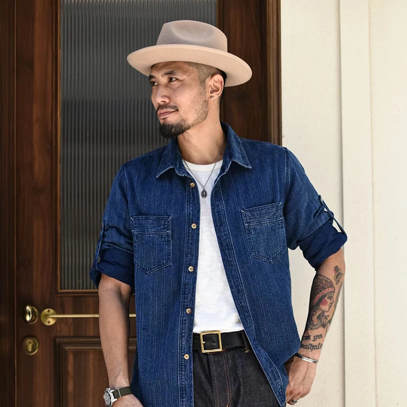 Sauce Zhan 남성용 스트라이프 셔츠, 자카드 사시코 고민 긴팔 데님 셔츠, 가을 면 셔츠, 8 Oz AliExpress