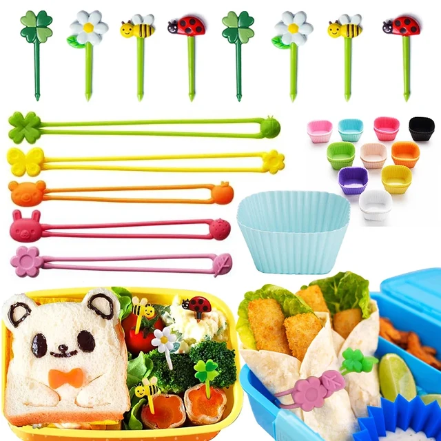 Lunch Bento Box Accessories Fruit Food Picks Silicone Cups Lunch Box  Dividers and Multi-Purpose Silicone Wrap Bands for Kids - AliExpress