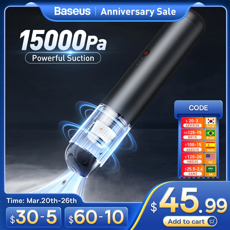 Baseus 15000Pa 자동차 진공 청소기 무선 미니 자동차 청소 핸드 헬드 진공 청소기 w LED 조명 자동차 인테리어 클리너|Vacuum Cleaner| - AliExpress