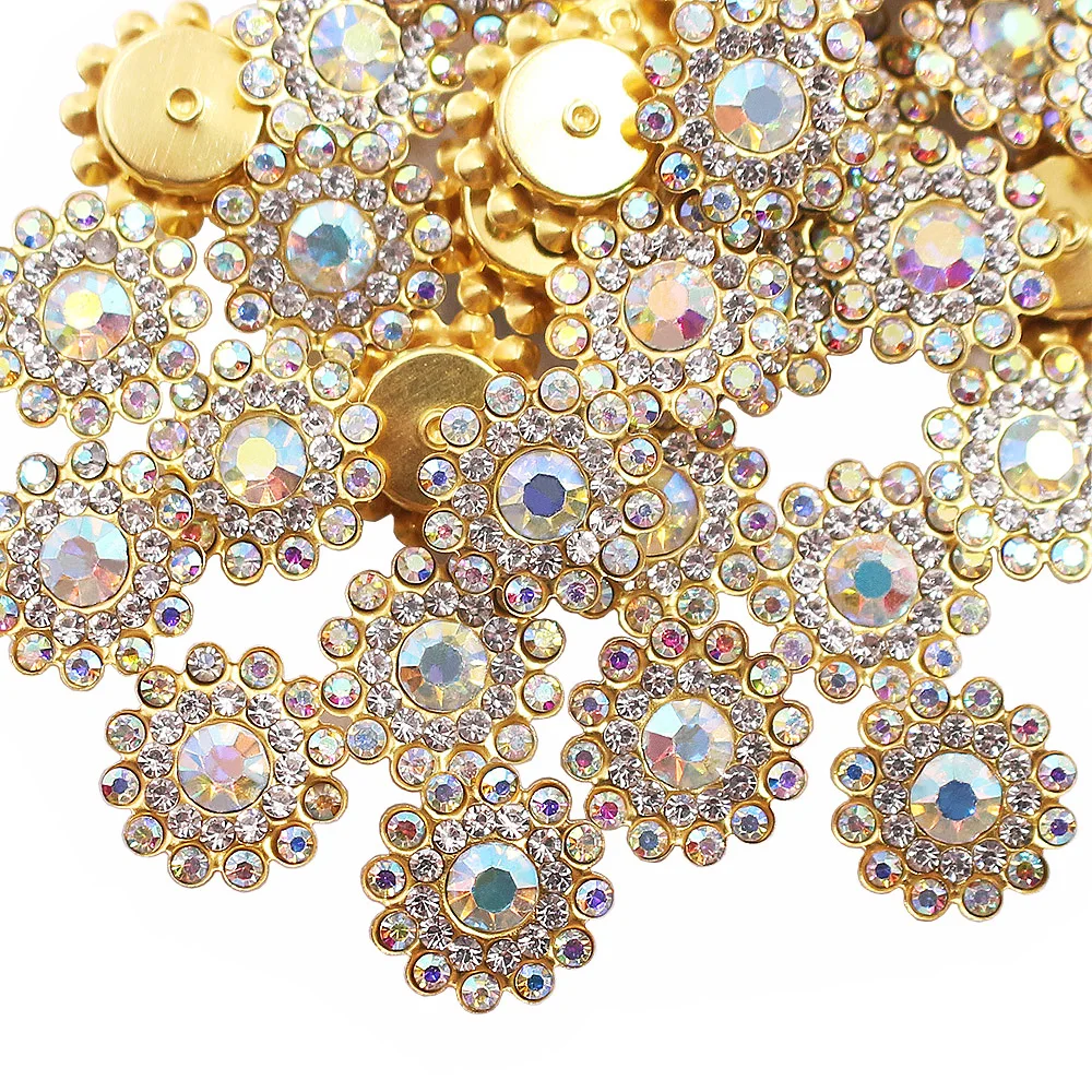 Sew On Rhinestones 14mm Flower Claw Gold Flatback Shiny Crystals Glass Beads Trim For Clothes Decoration
