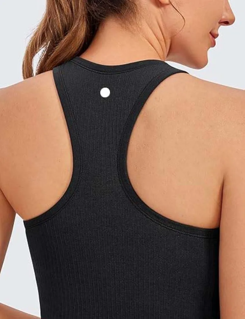 YOGA Womens Seamless Ribbed Longline High Neck Sports Bra-Racerback Padded Slim Fit Crop Tank