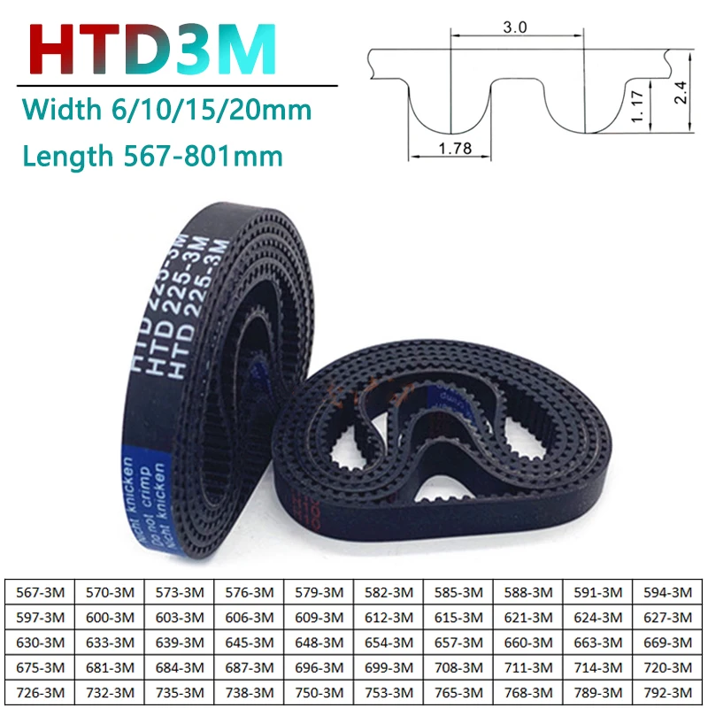 

1pc HTD3M Synchronous Timing Belt Length 567 570 573 576 579-801mm Width 6/10/15/20mm Rubber Closed Loop Transmission Drive Belt