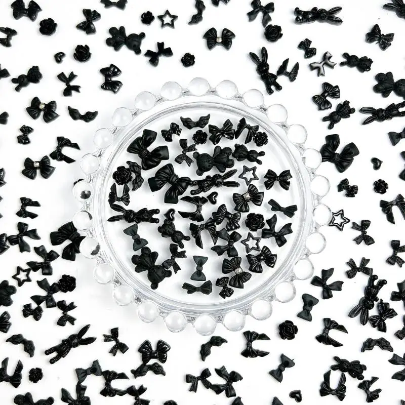 50PCS Mehrere Stil Schwarz Bögen Rose Nail art Dekorationen Harz Mini Herz Stern Dunklen Stil Nagel Charms Handgemachte DIY maniküre – Detail 6