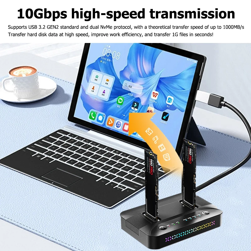 M.2 NVMe/SATA SSD 케이스 듀얼베이 도킹 스테이션 10Gbps 오프라인 복제 하드 디스크 복사기 RGB 조명 GEN2 SSD 어댑터 인클로저