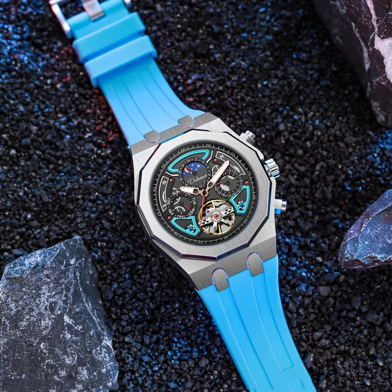 Luxury Tourbillon Watches Men Fashion Sport Rubber Strap Moon Phase Date Waterproof Automatic Mechanical Wrist Watch Man Reloj mechanical watch
