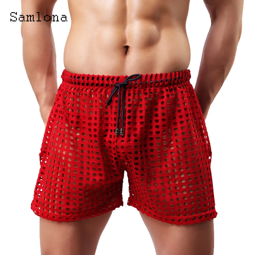 Sexy Hollow Out Shorts 2022 European Style Casual Beach Short Cross-pant Black Men See Through Fetish Loose Drawstring Hotpants