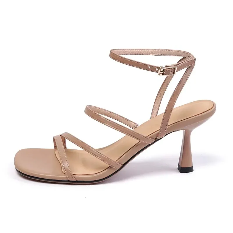 Women's Summer Ankle Strap Sandals Open Toe High Heels Party Lady Fashion Beige Apricot One Word Buckle