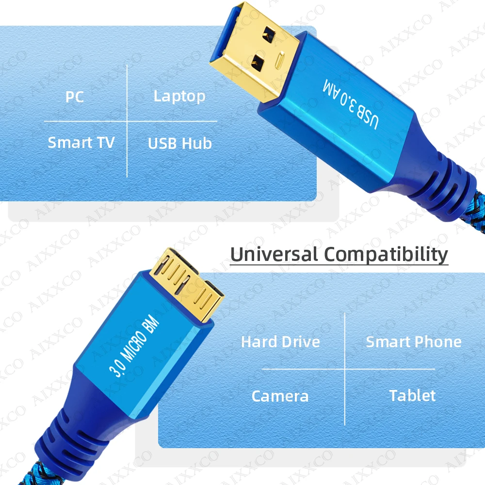 AIXXCO USB 3.0 하드 드라이브 케이블-마이크로 B 케이블 5Gbps(외장 HDD용) 2m 3m 5m USB 3.0 데이터 브레이드 코드