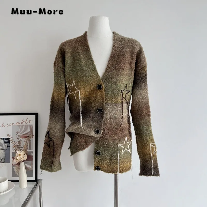 

Осень-зима 2023, женский свободный свитер в стиле преппи, вязаный кардиган с бахромой и звездами, американское Ретро, повседневное пальто, топы, Feamle Sueter