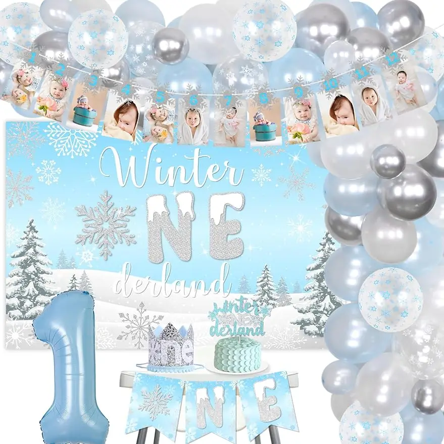 

Winter Onederland 1st Birthday Decor Balloon Garland Backdrop CakeTopper PhotoBanner One Birthday Hat for snowflake 1st Birthday