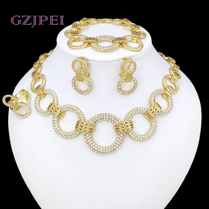 

Dubai Gold Plated Jewelry Set For Women Luxury Brazil 24K Gold Filled Jewelry Necklace Set Earring Bracelet Ring Unique Trendy