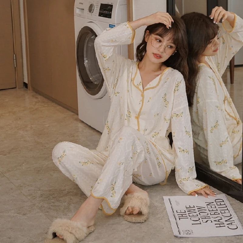 Spring Autumn Women's Knitted Cotton Pajamas Long Sleeve Cardigan Pants Jacquard Home Clothing Set Sweet Cute Sleepwear