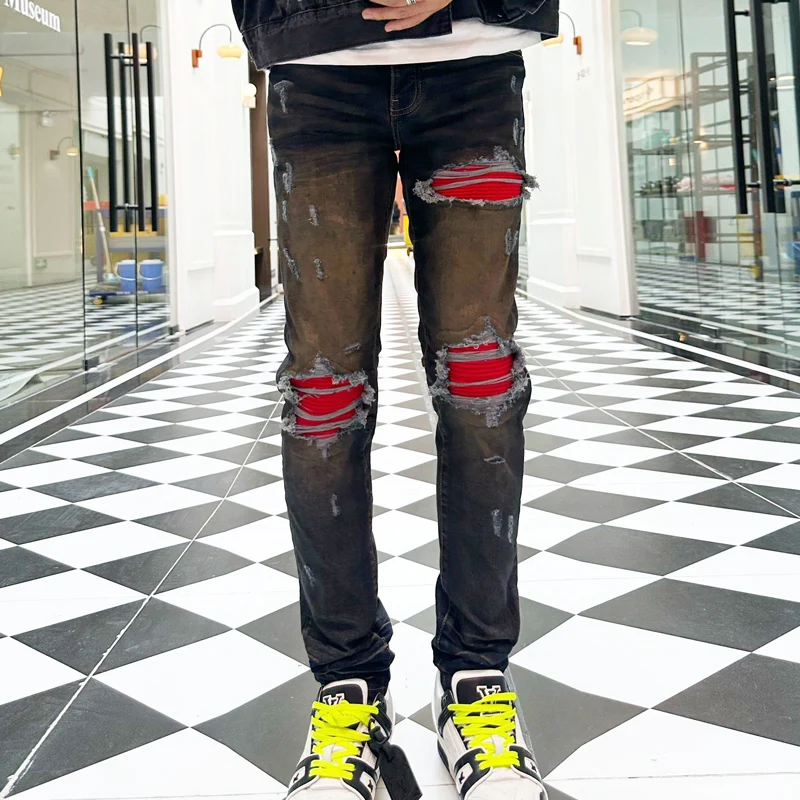 Latest Street Fashion Men's Jeans Vintage Black Blue Elastic Tight Split Jeans Men's Red Patch Designer Hip Hop Brand Pants Homb