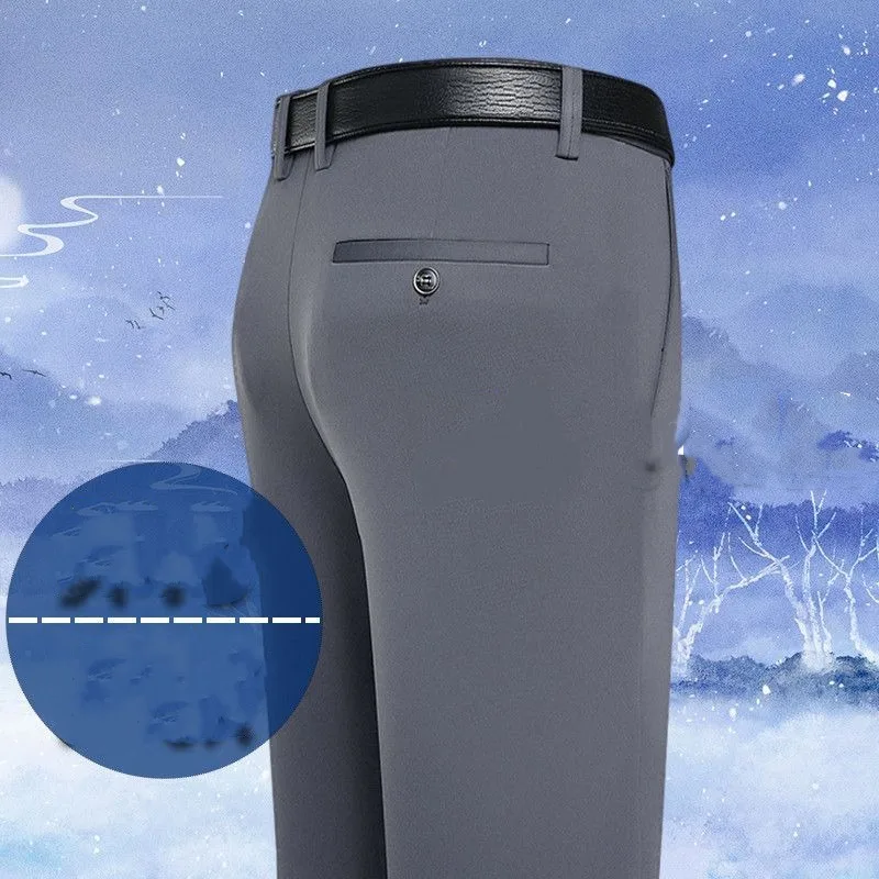 Spring Autumn Men's Clothing Business Casual Elastic Breathable High Waist Thickened Trousers Polyester Straight Leg Pants