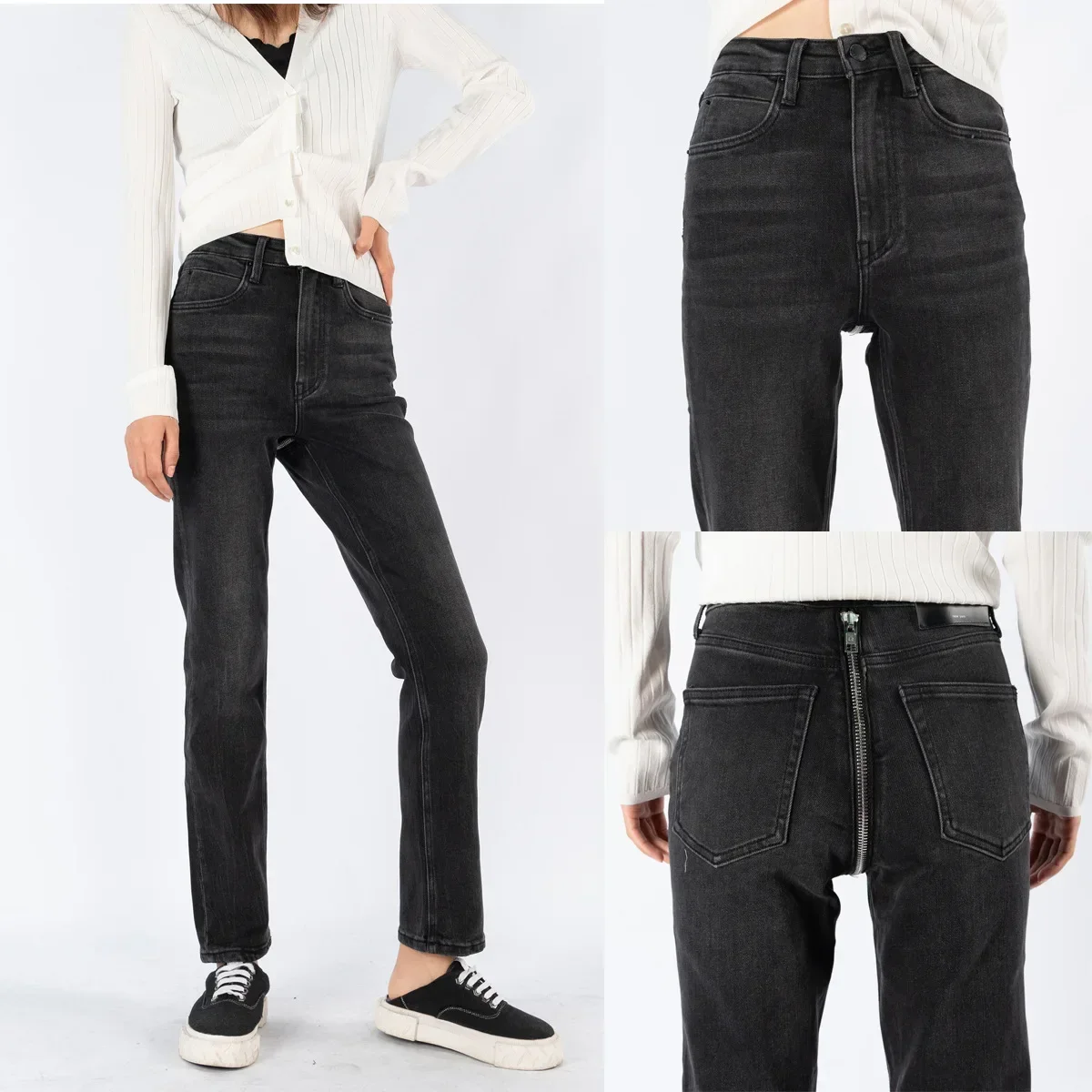 

Women zipper Decoration denim pants lady high waist slim straight jeans