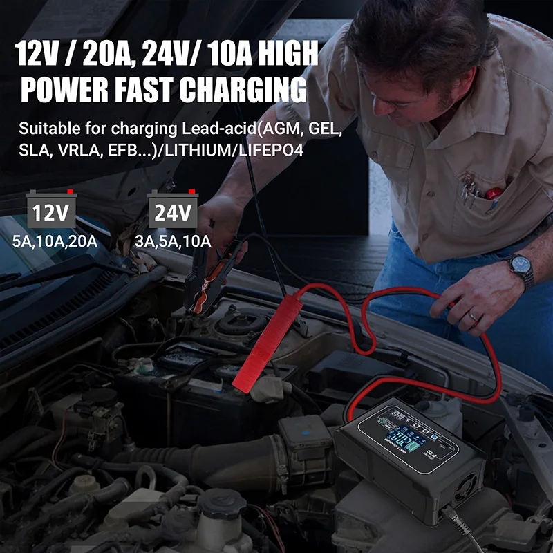 HTRC P20 20A 12v-24v Car Smart Battery Charger For Motorcycle Battery Repair Auto Moto Lead Acid Agm Lithium Lifepo4 Batteries