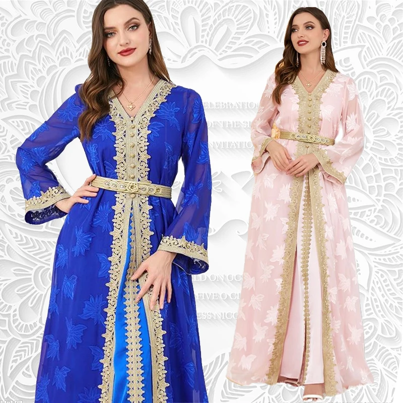 

Spring Autumn New Women's Printed Ethnic Costume V-neck Fashion Long Sleeve Gold Stamped High Quality Two-Piece Loose Dress