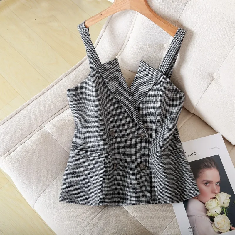 

Fashion Spring And Autumn Short Waistcoat Women Suit Vest Houndstooth Strap Vintage Office Lady Elegant Female Clothes