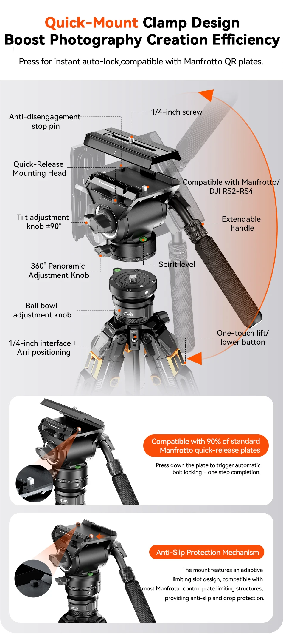 Coman T1S / T1S V5 Travel Carbon Fiber Tripod One Click Quick Release With Panor
