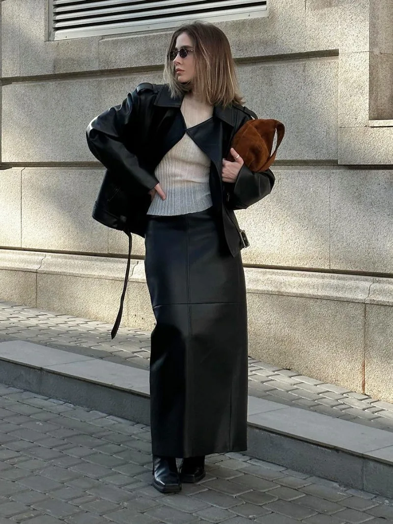 Slit PU Skirts For Women 2025 Spring New Slim Y2K Sheath Skirt Femme Street Solid Casual Fashion Elegant Skirts Womens