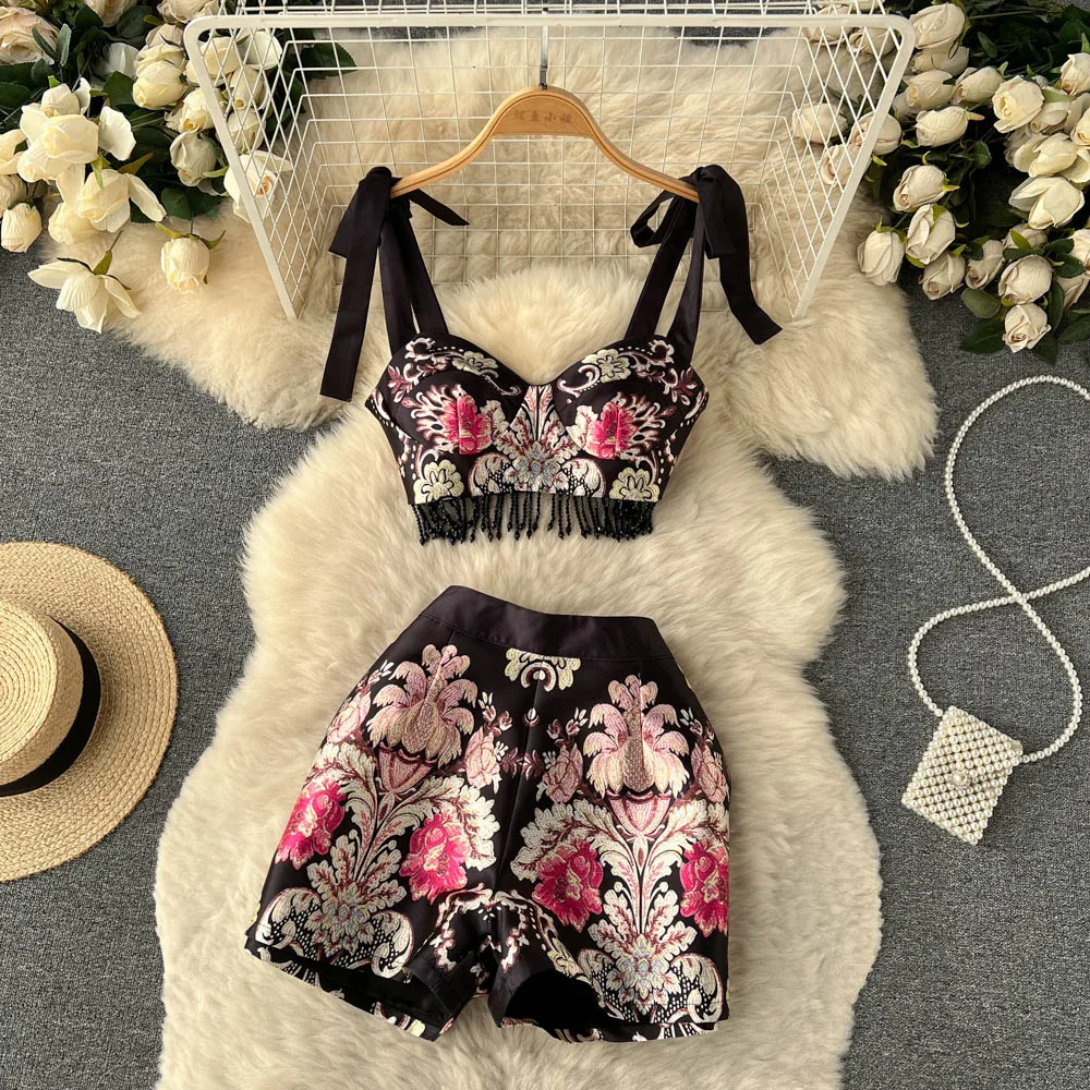 

Spring Summer Vintage Print Set Women Lace Tassel Crop Top+Two High Waist Wide Leg Shorts Elegant Black Suits